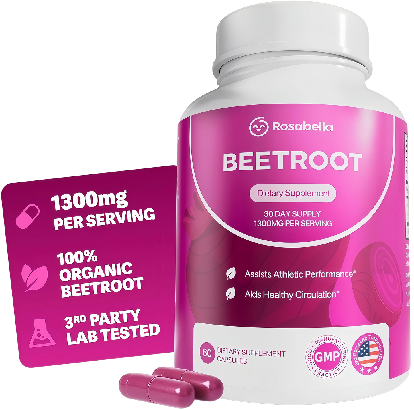 Rosabella Organic Beet Root Capsules - 1300mg Beet Root Powder Aids Healthy Circulation & Vitality, Non-GMO, Beet Root Supplement - 60 Capsules, 30-Day Supply