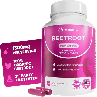 Rosabella Organic Beet Root Capsules - 1300mg Beet Root Powder Aids Healthy Circulation & Vitality, Non-GMO, Beet Root Supplement - 60 Capsules, 30-Day Supply